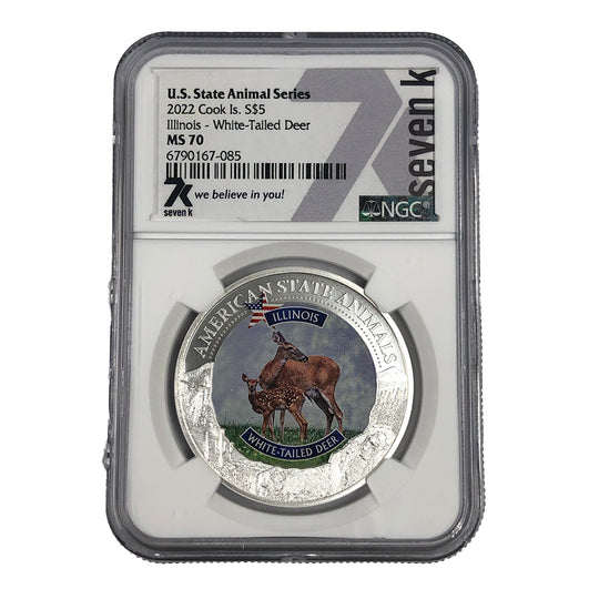 2022 Cook Island 1 oz Silver Illinois White Tailed Deer NGC MS70