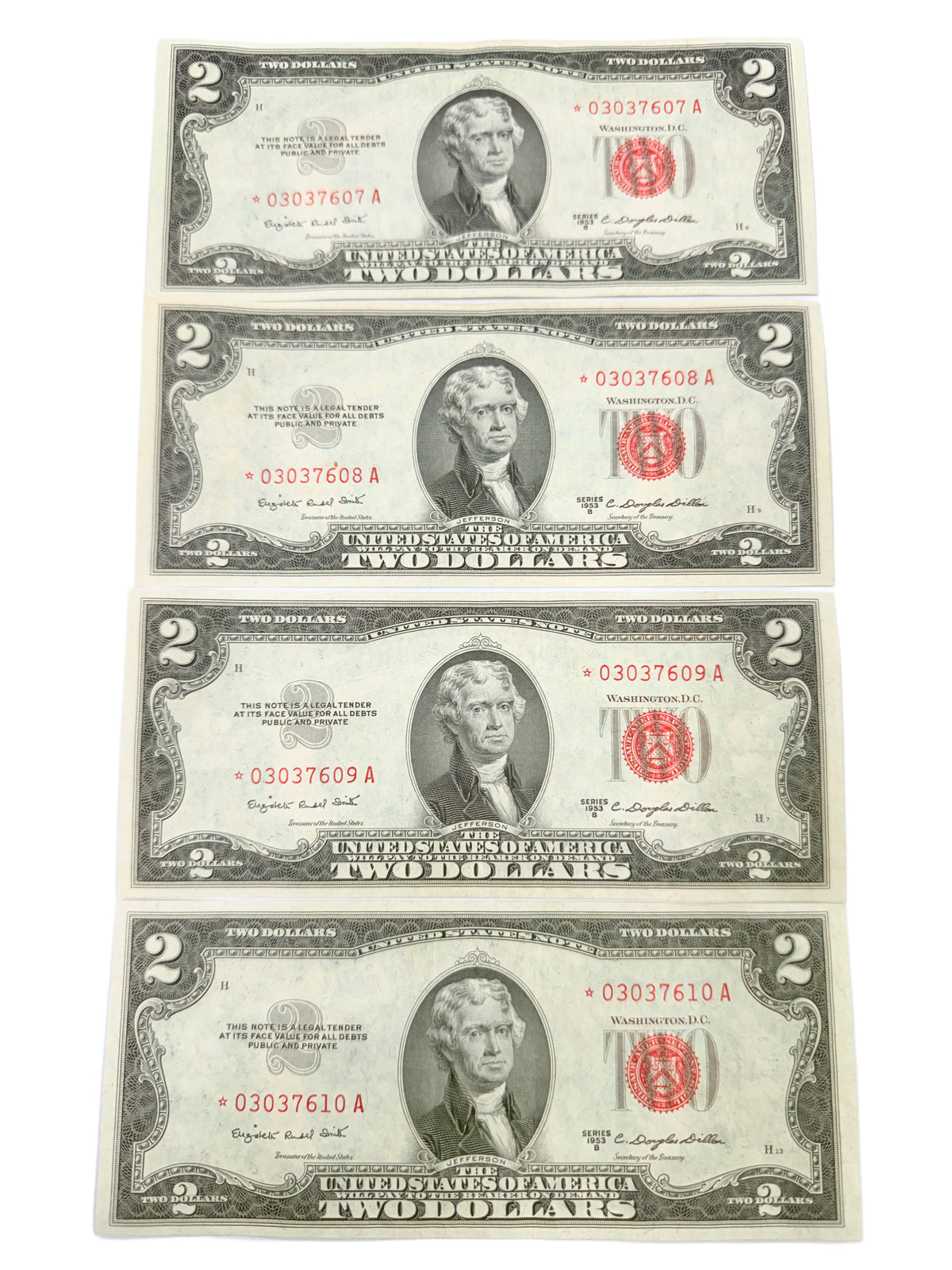 Lot of 4 Consecutive 1953-B $2 Legal Tender Star Notes (XF)