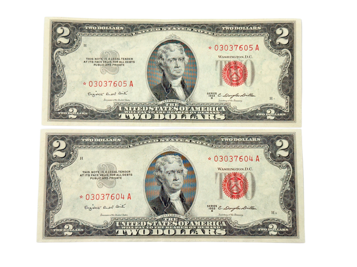 Lot of 2 Consecutive 1953-B $2 Legal Tender Star Notes (AU)