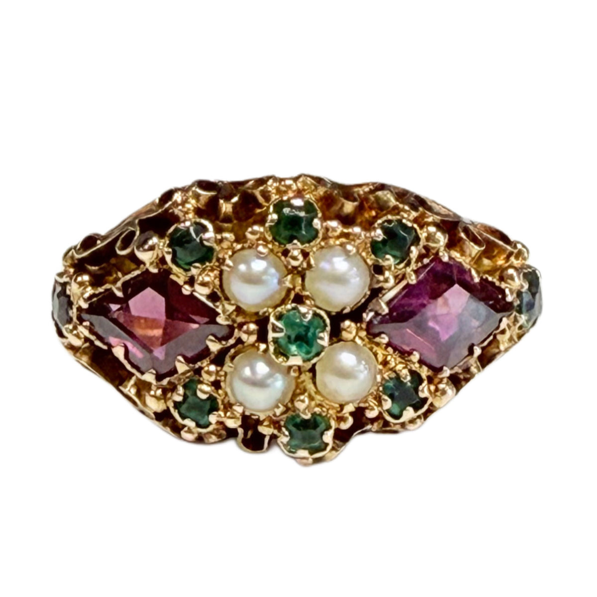 Victorian 15k Gold Ruby Emerald & Pearl Ring
