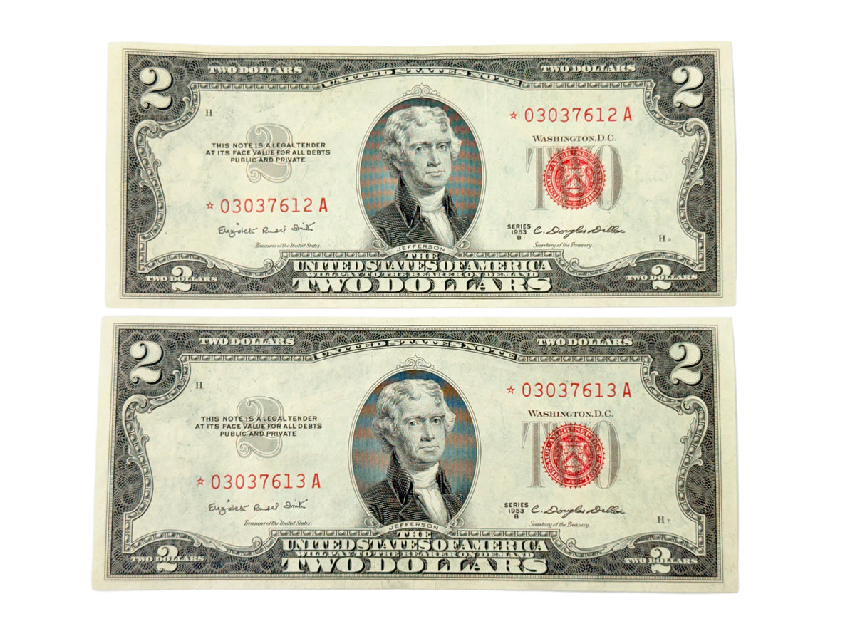 Lot of 2 Consecutive 1953-B $2 Legal Tender Star Notes (XF / AU)