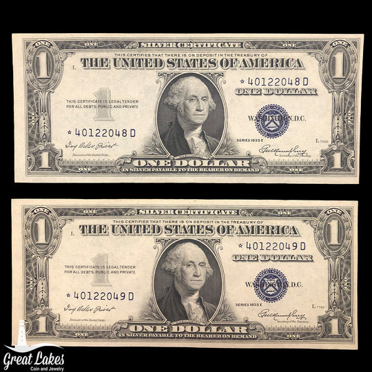 2 Consecutive 1935-E $1 Silver Certificate Star Notes (CU)