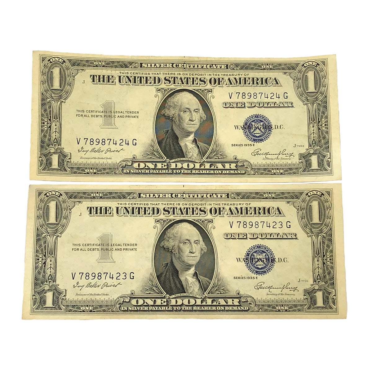 Two Consecutive 1935-E $1 Silver Certificates (AU)