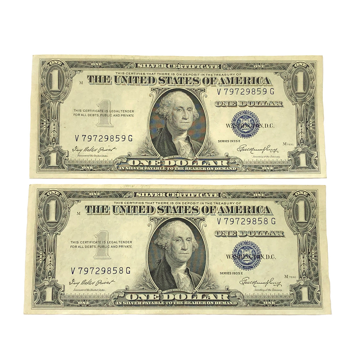 Two Consecutive 1935-E $1 Silver Certificates (CU)