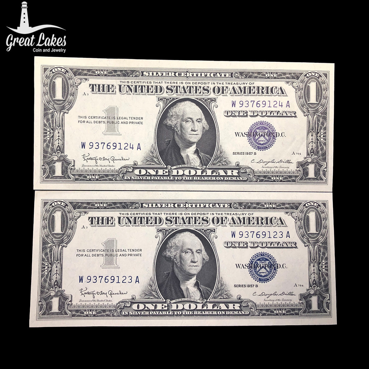 Lot of Two Consecutive 1957-B $1 Silver Certificates (CU)