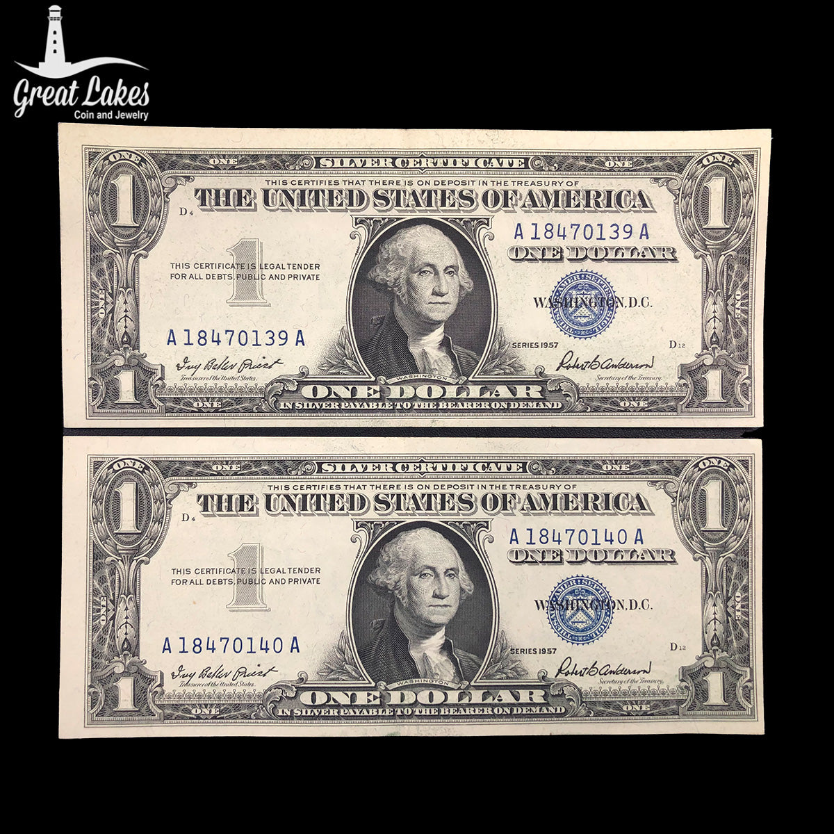 Lot of Two Consecutive 1957 $1 Silver Certificates (AU)