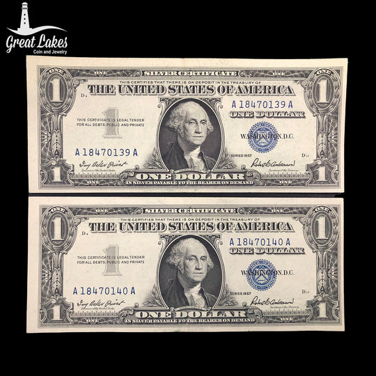 Lot of Two Consecutive 1957 $1 Silver Certificates (AU)