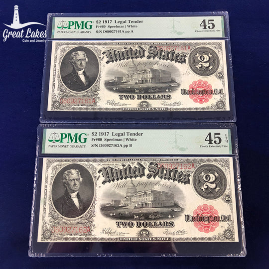 2 Consecutive Fr.60 1917 $2 Legal Tender PMG XF45 (Pencil Writing) & PMG XF45 EPQ