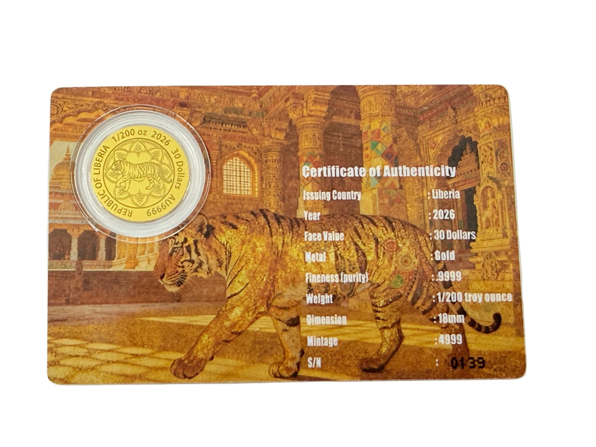 2026 $30 Liberia 1/200th Oz Gold Vyaghra - The Tiger Mandala
