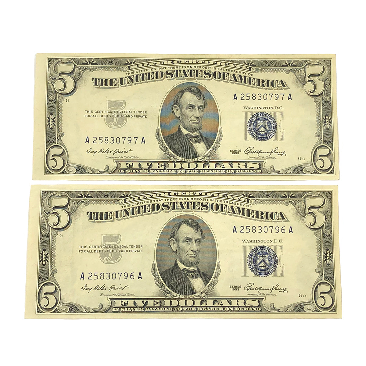 Lot of 2 Consecutive 1953 $5 Silver Certificate (XF)