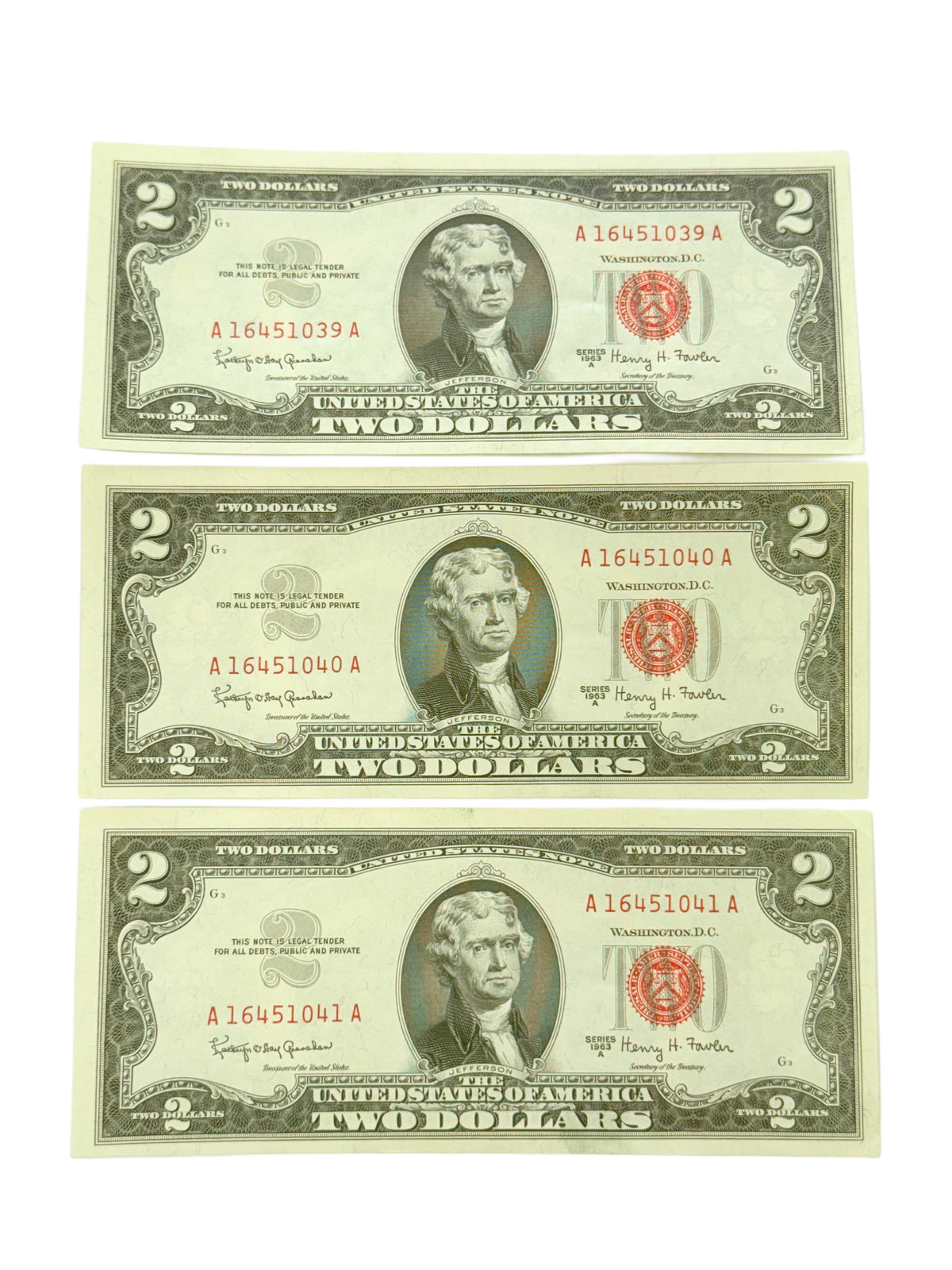 Lot of 3 Consecutive 1963-A $2 Legal Tender (AU)