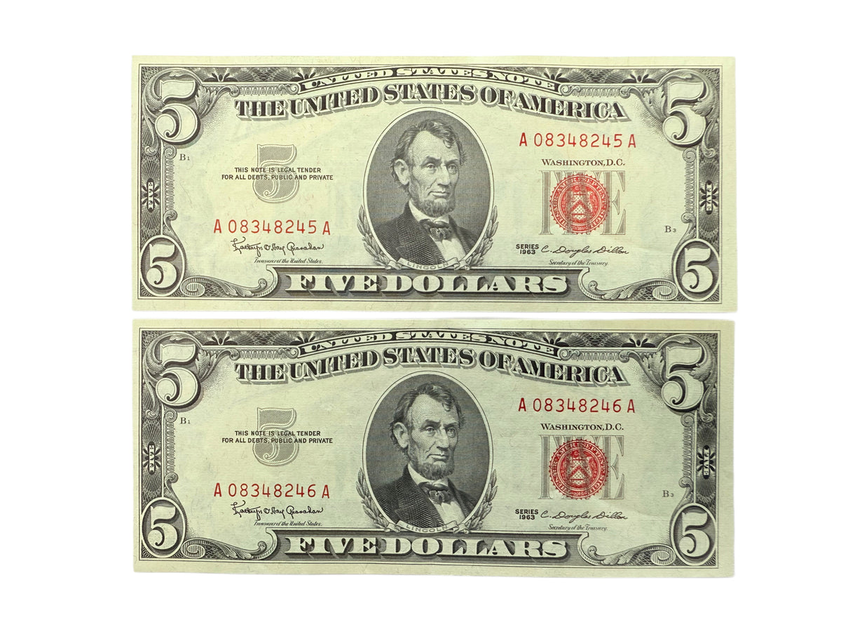 Lot of Two Consecutive 1963 $5 Legal Tender (AU)