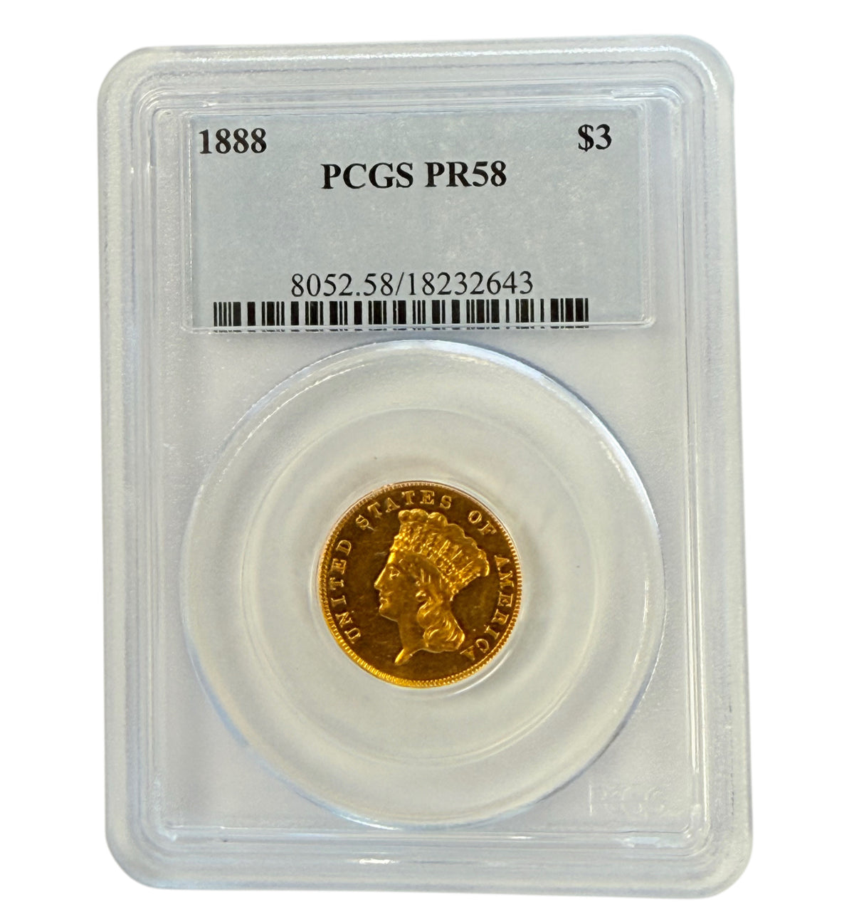 1888 $3 Indian Princess Head Gold Piece PCGS PR58