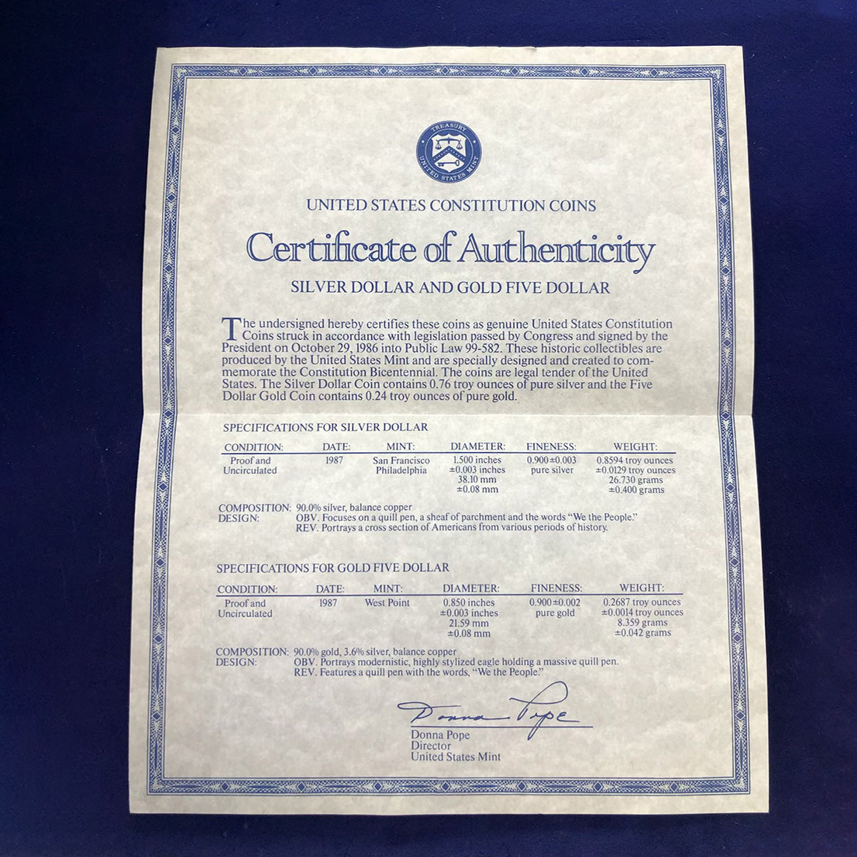 1987 Four Coin Commemorative Constitution Set Proofs (With Box & CoA)