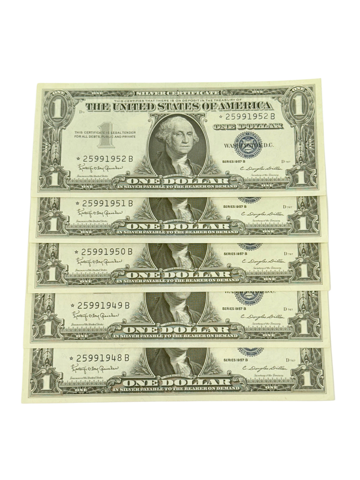 Lot of 5 Consecutive 1957-B $1 Silver Certificate Star Notes (CU)