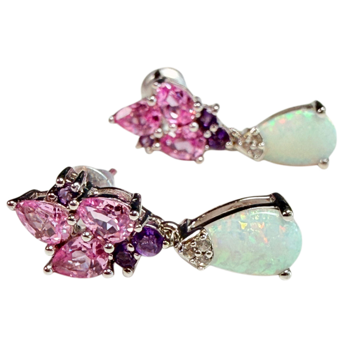 Silver, Opal & Pink Sapphire Earrings