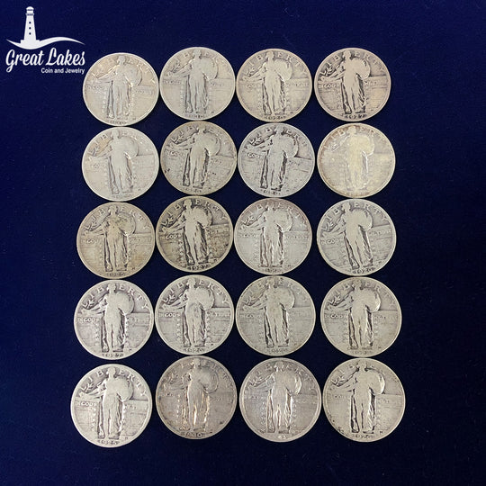 $5 FV 90% Silver Standing Liberty Quarters