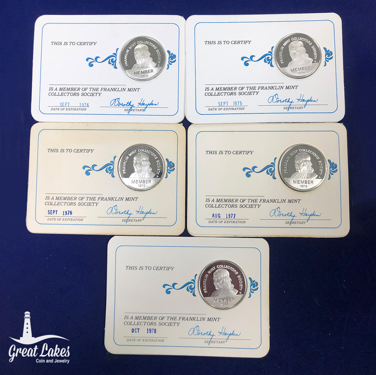Lot of 5 Sterling Silver Franklin Mint Collectors Society Coins (1973-1977)