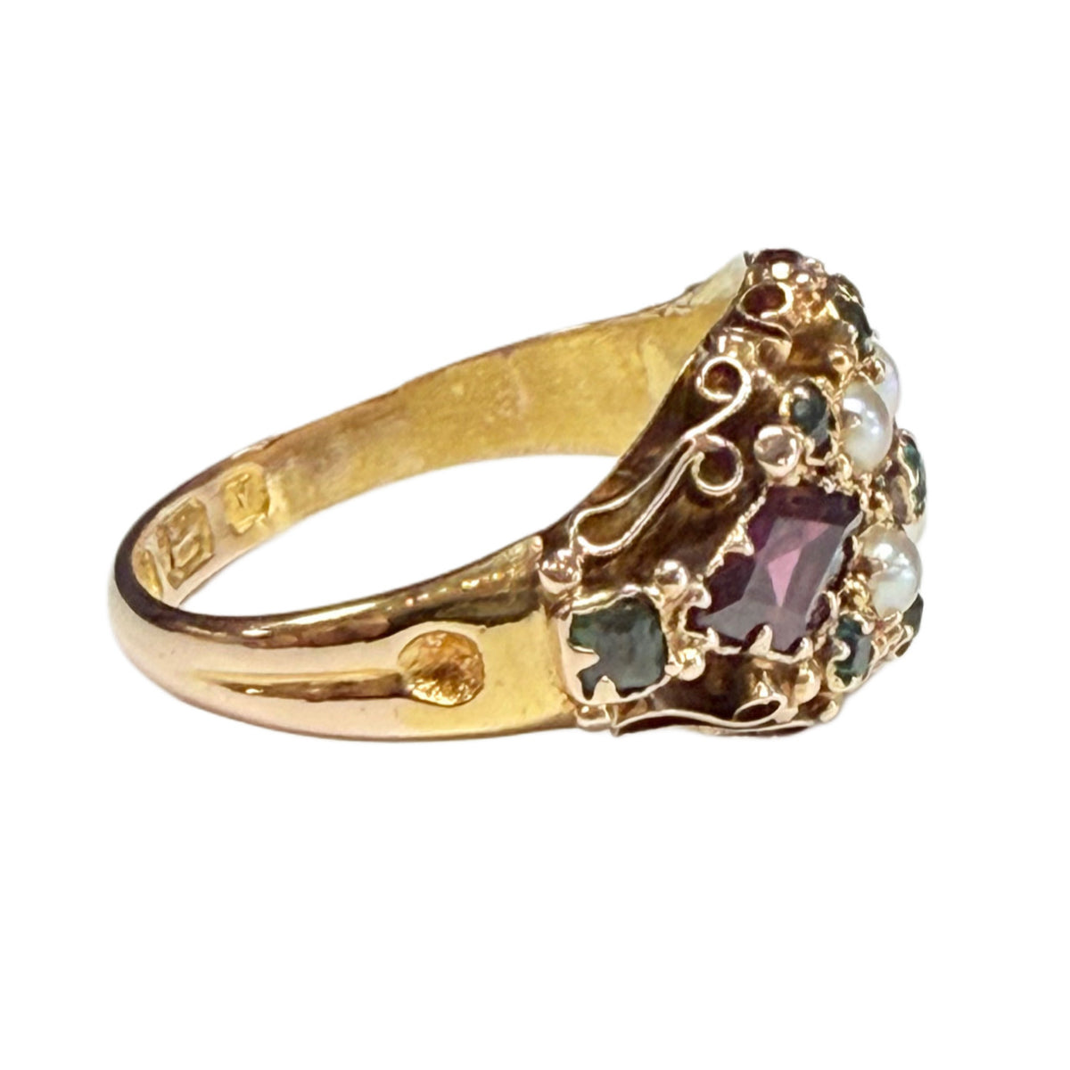 Victorian 15k Gold Ruby Emerald & Pearl Ring