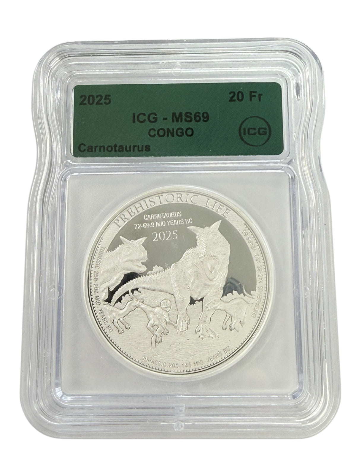 2025 Congo 1 oz Silver Carnotaurus ICG MS69
