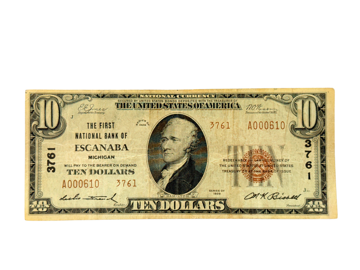 FR. 1801-1 1929 $10 The First National Bank of Escanaba Michigan Charter #3761 (F / VF)