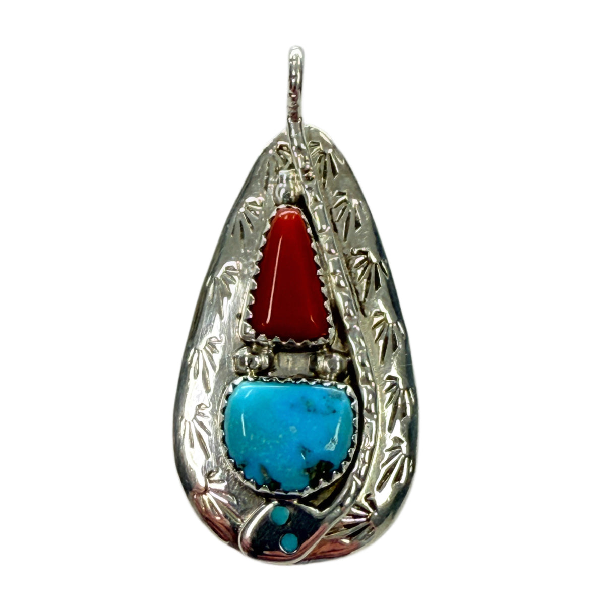 Effie Calavaza Zuni Silver Turquoise & Coral Snake Pendant