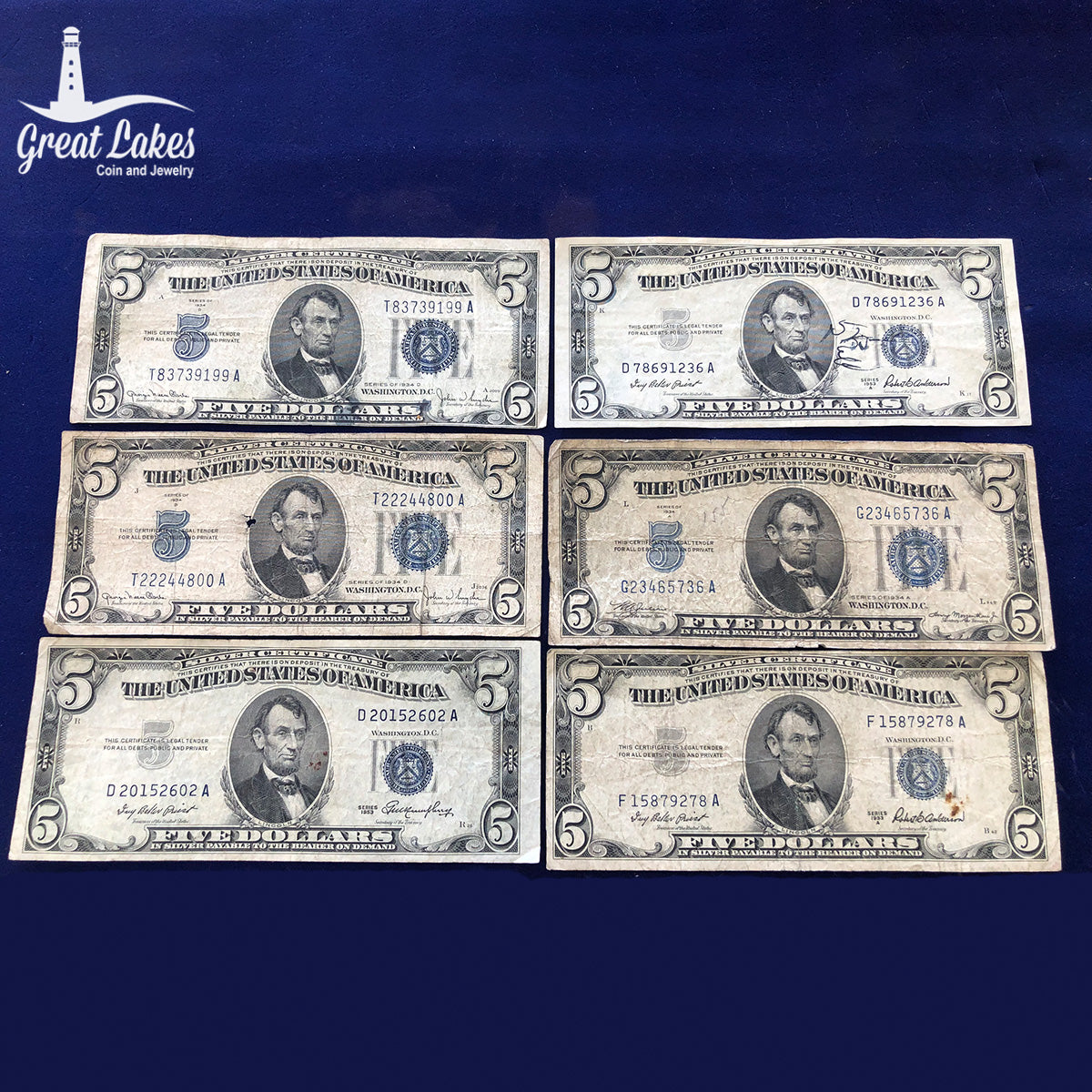 Lot of 6 Low Premium $5 Silver Certificates