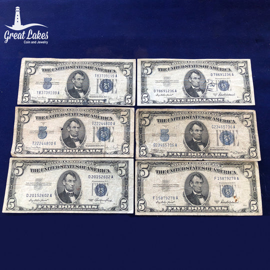 Lot of 6 Low Premium $5 Silver Certificates