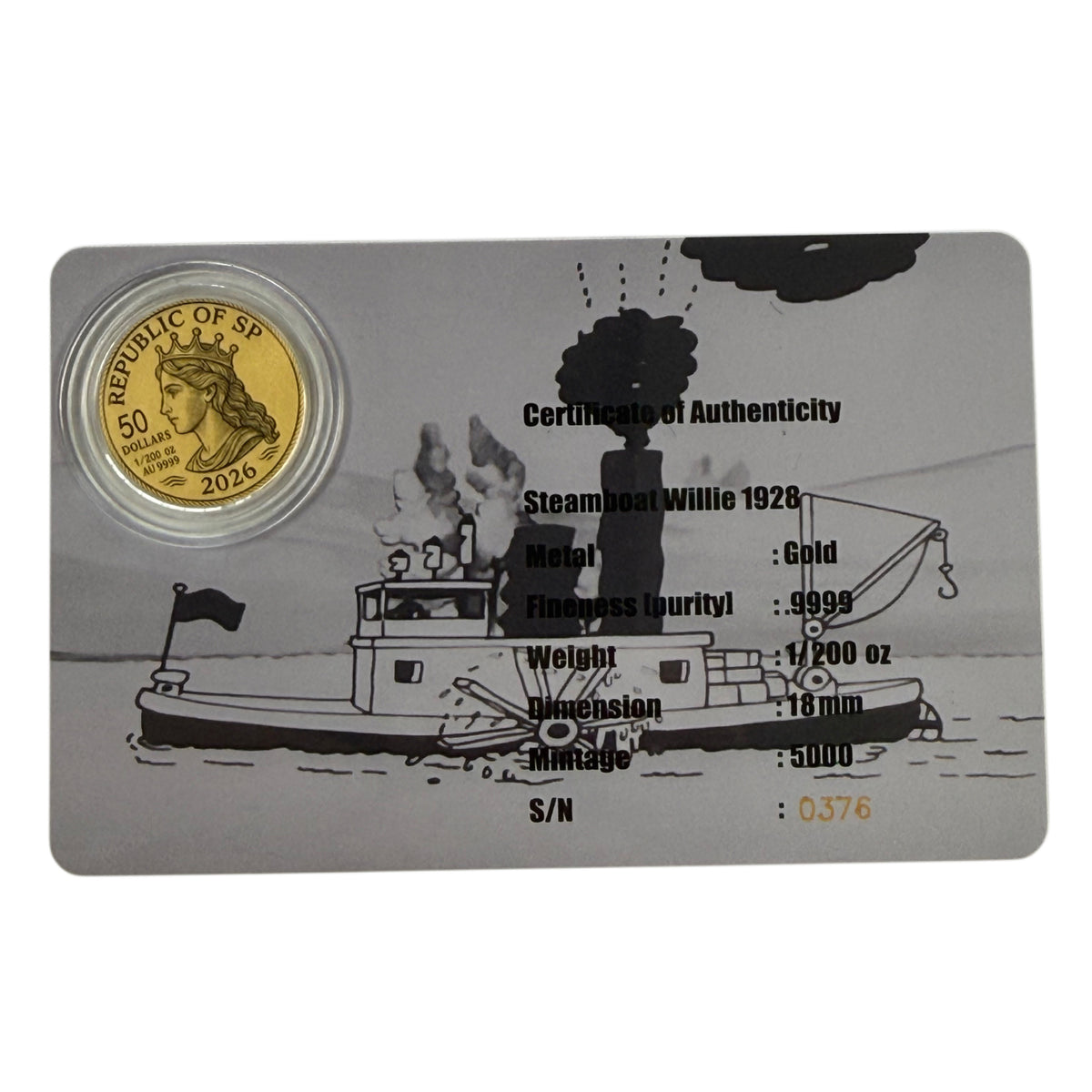 2026 $50 Republic of SP 1/200 oz Gold “Steamboat Willie 1928”