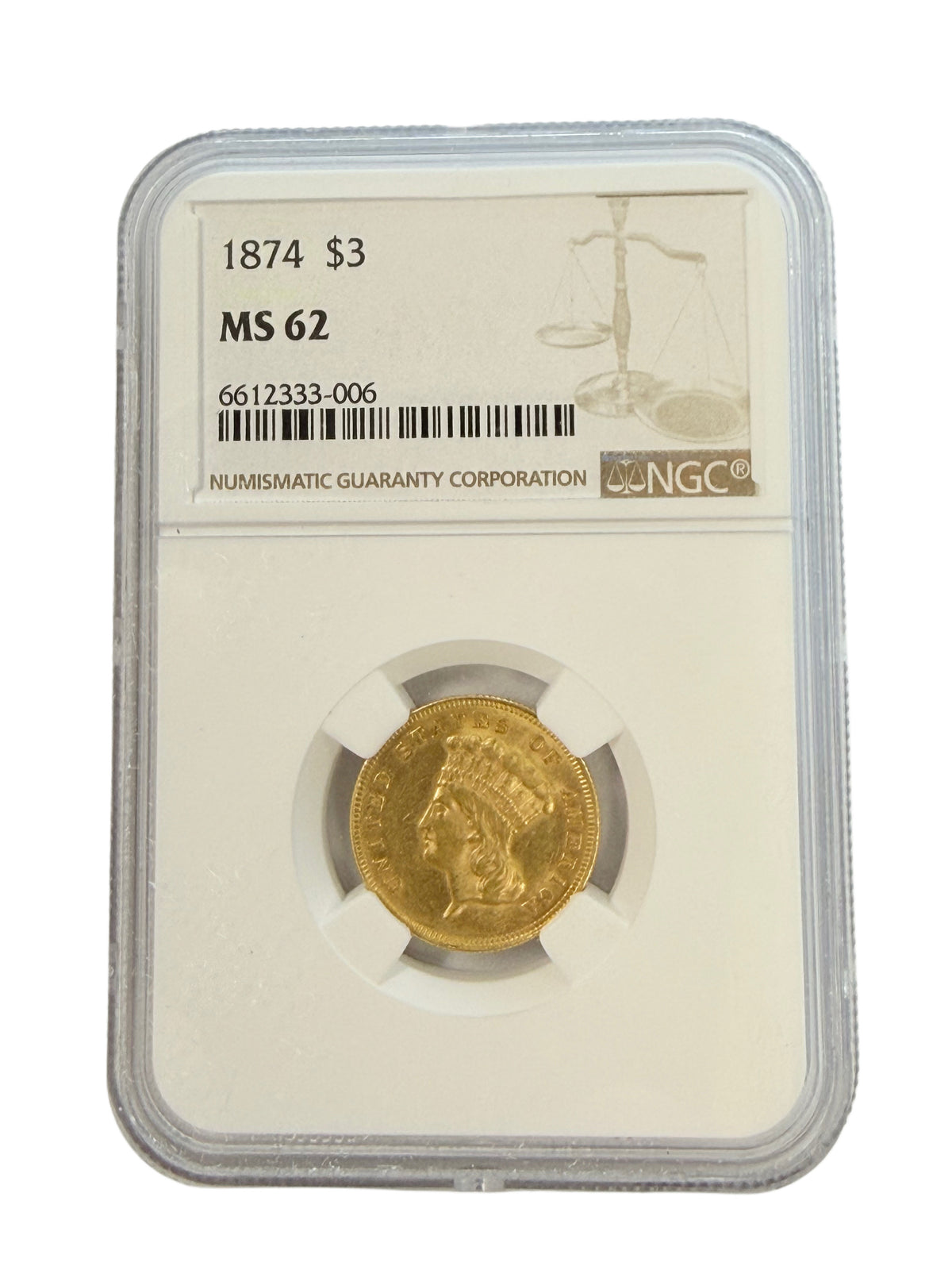 1874 $3 Indian Princess Gold NGC MS62