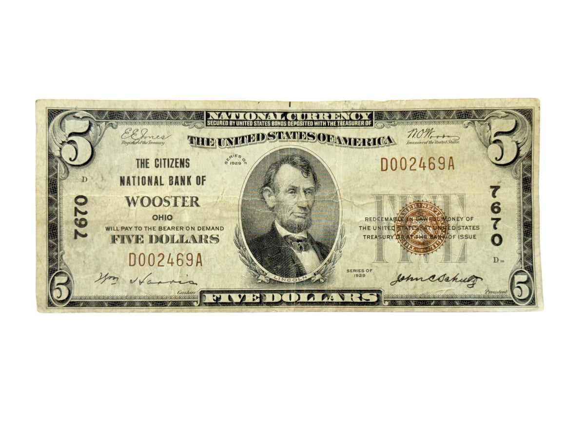 FR.1800-2 1929 Type 2 $5 National Bank Note - The Citizens National Bank Of Wooster Ohio Charter #7670 VF