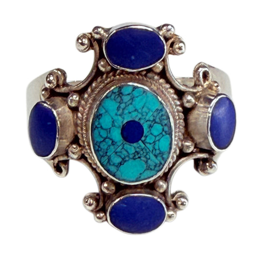 Silver Turquoise & Lapis Ring
