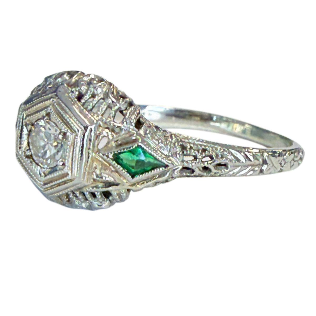 Art Deco 18k Gold Diamond & Emerald Ring