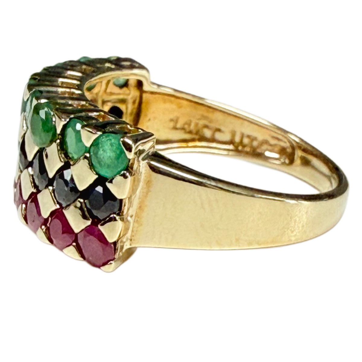 14k Yellow Gold Emerald Sapphire & Ruby Statement Ring