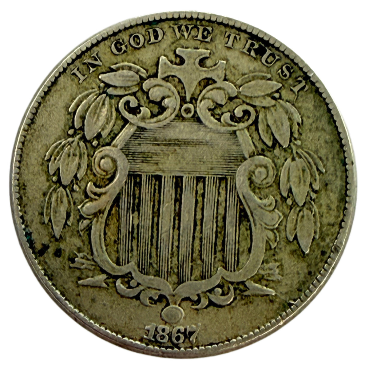 1867 No Rays Shield Nickel (F)