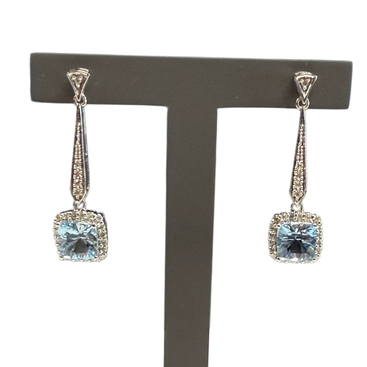 14k White Gold Blue Topaz & Diamond Earrings
