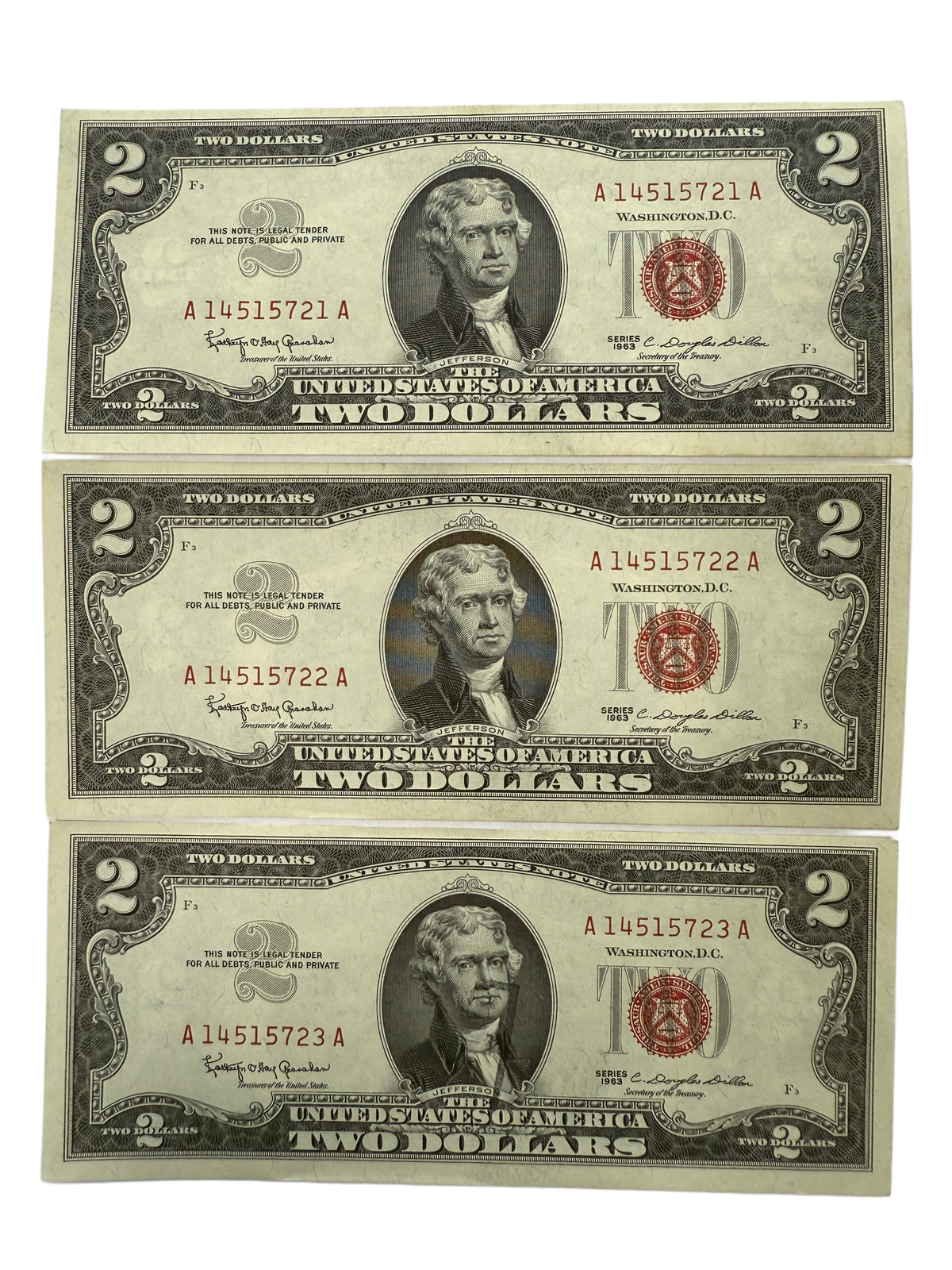 Lot of 3 Consecutive 1963 $2 Legal Tender (AU)