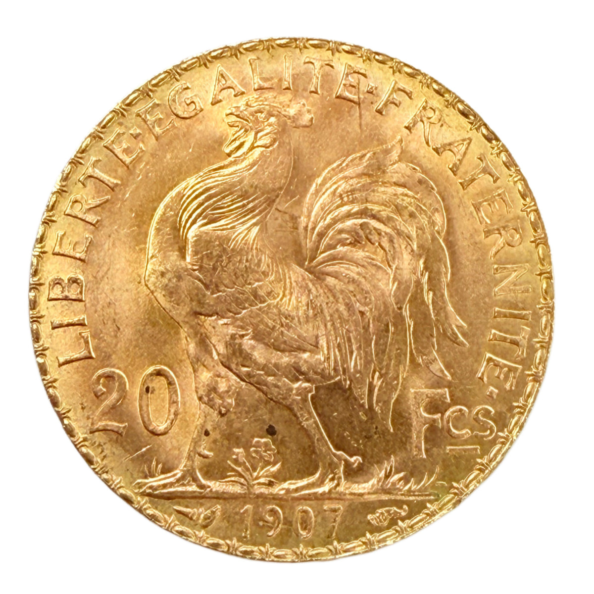 1907 French Gold 20 Francs Rooster (BU)