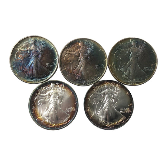 Lot of 5 Toned 1 oz American Silver Eagles