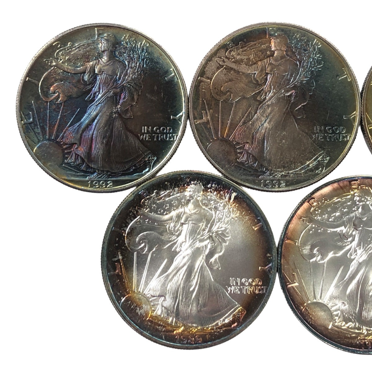 Lot of 5 Toned 1 oz American Silver Eagles
