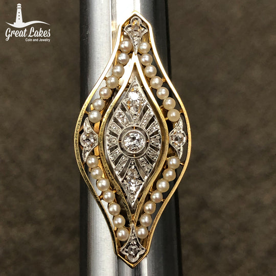 18 k Gold Diamond & Pearl Art Deco Ring