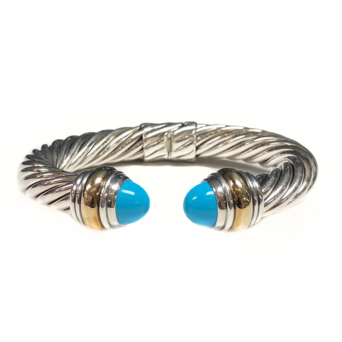David Yurman Silver & 14 k Gold 10 mm Classic Cable Bracelet with Turquoise