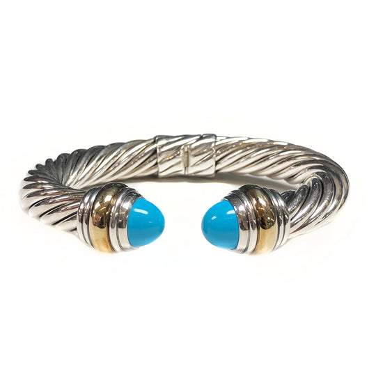David Yurman Silver & 14 k Gold 10 mm Classic Cable Bracelet with Turquoise