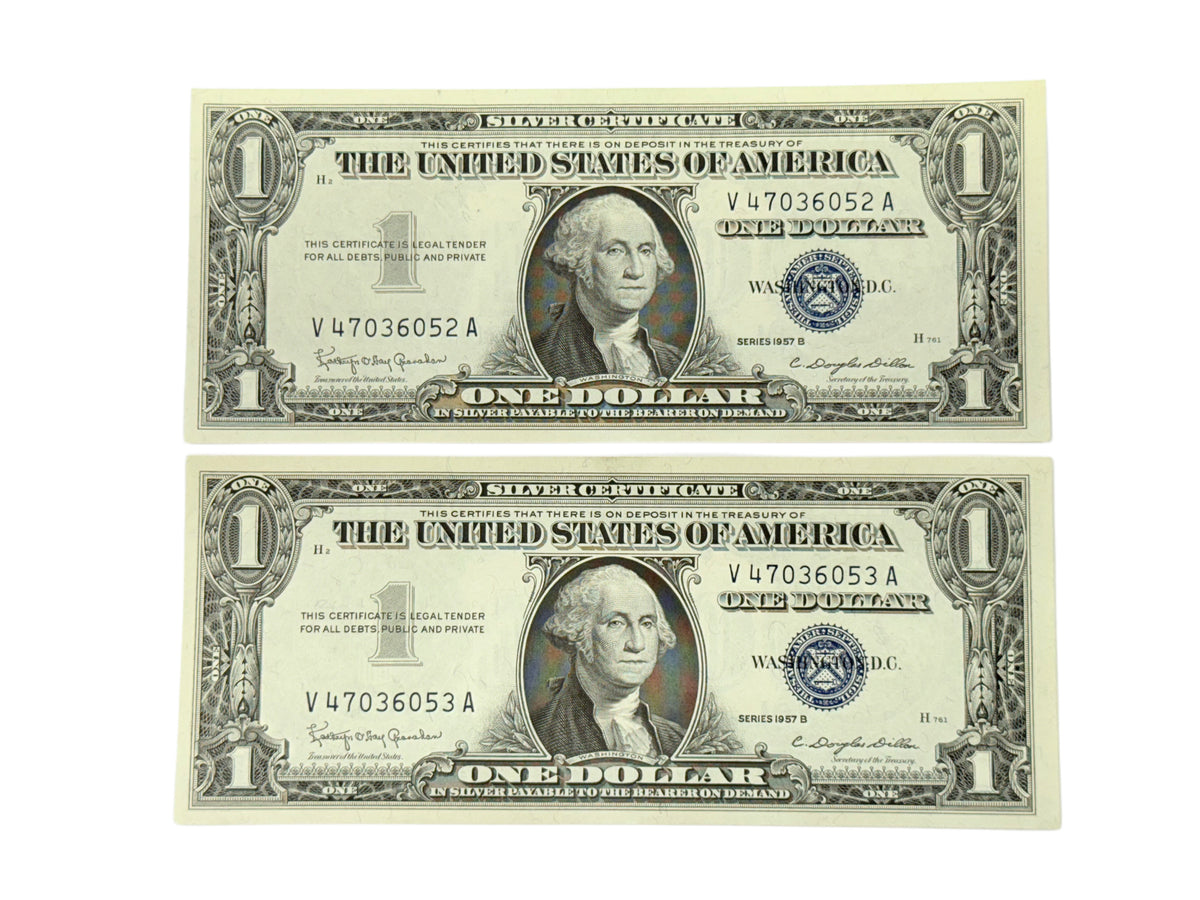 Lot of Two Consecutive 1957-B $1 Silver Certificates (CU)