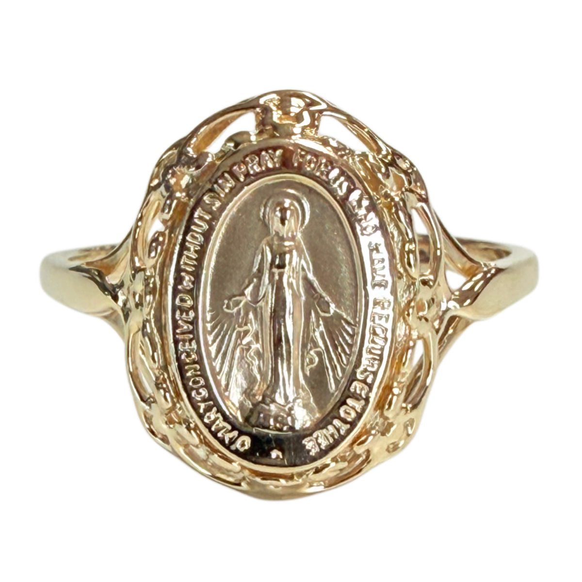 14k Yellow Gold Miraculous Medal Filigree Ring