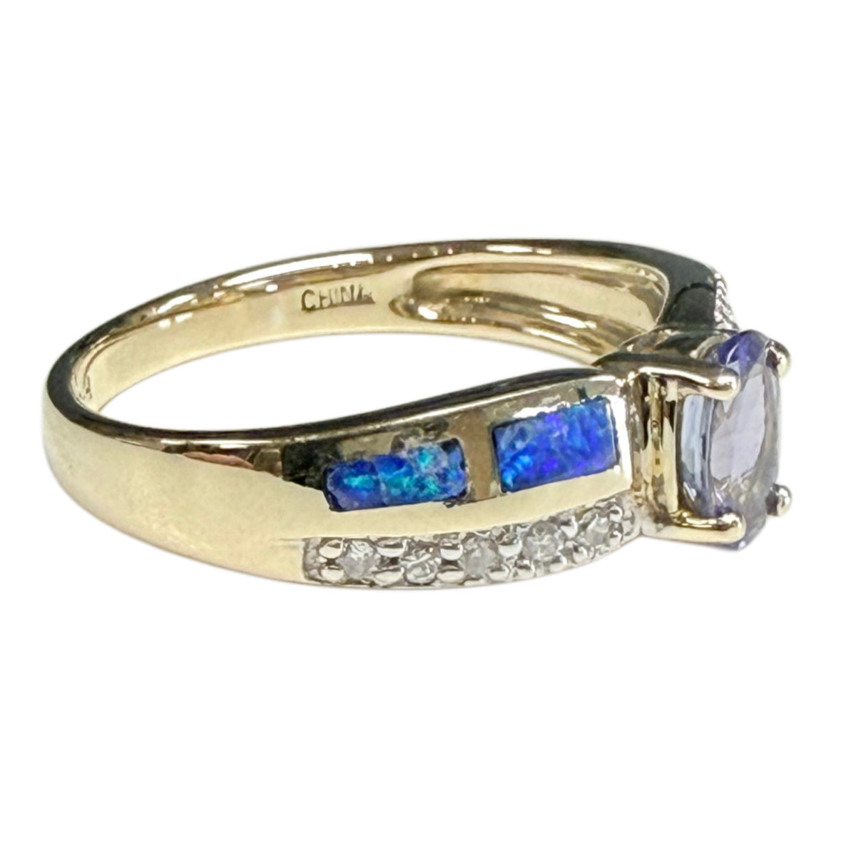 14k Yellow Gold Tanzanite Opal & Diamond Ring