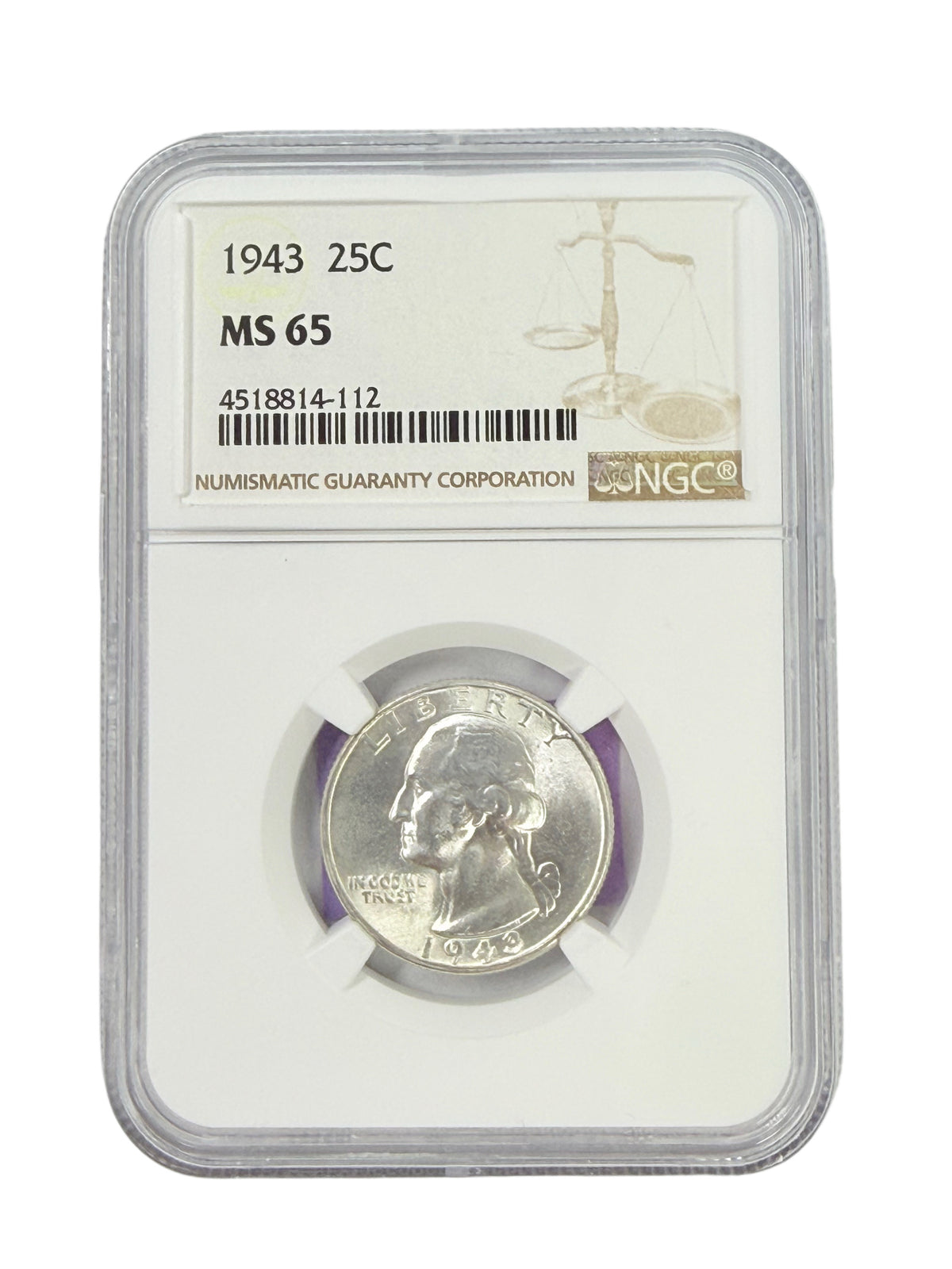 1943 Washington Quarter NGC MS65