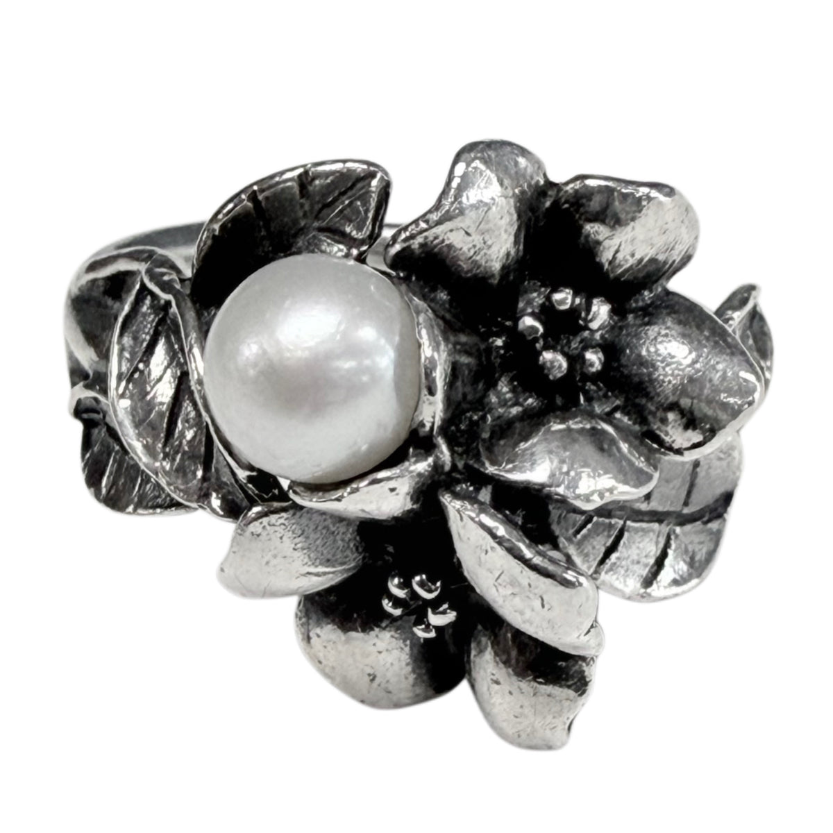 Silver & Faux Pearl Floral Ring
