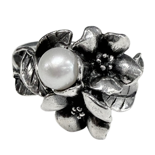 Silver & Faux Pearl Floral Ring