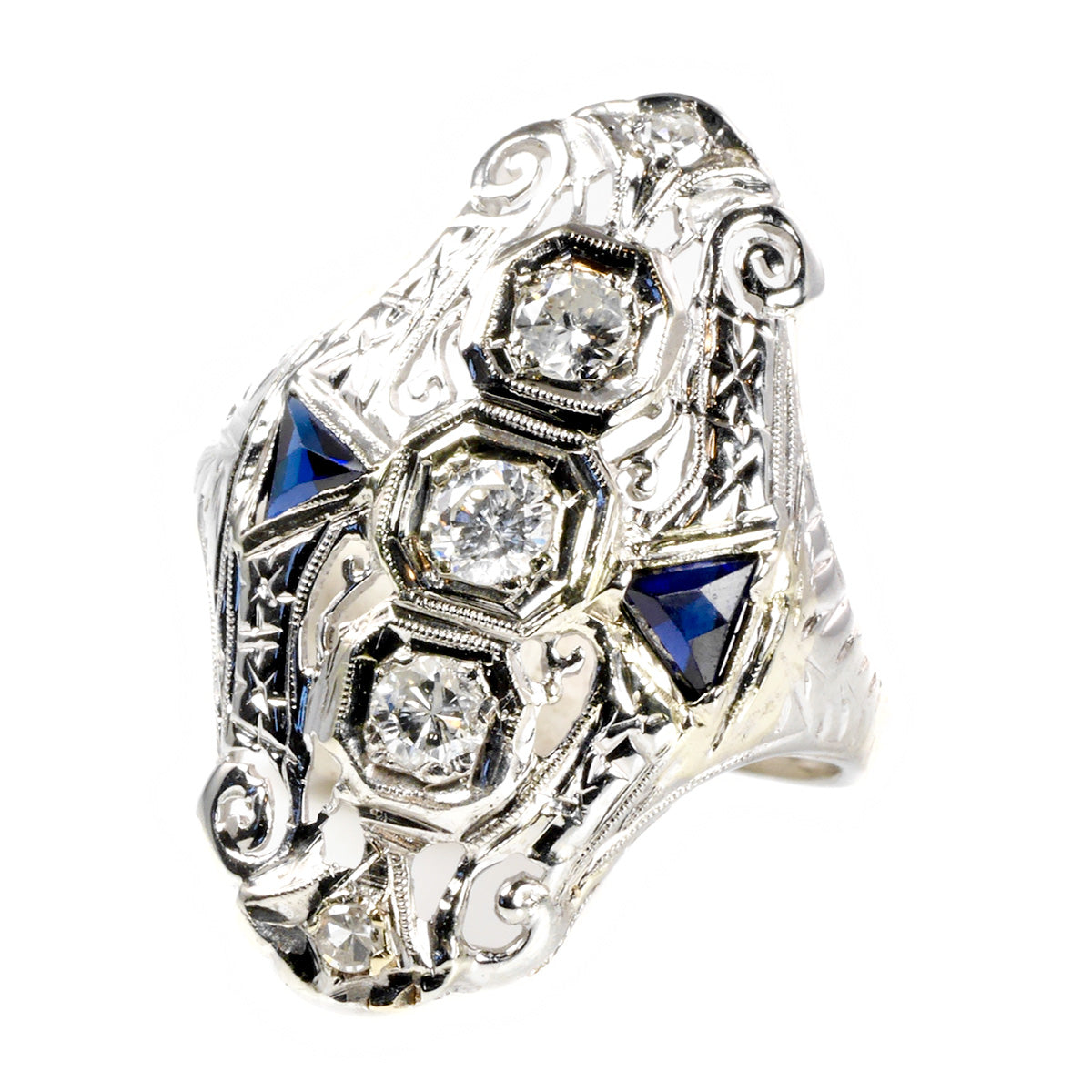 10 k White Gold Diamond &amp; Sapphire Art Deco Ring